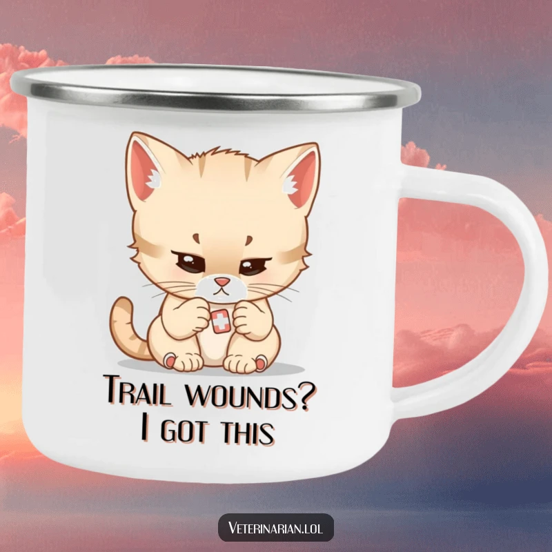 Funny enamel camping mug depicting a determined cartoon kitten doctor gently examining a very small bandage.