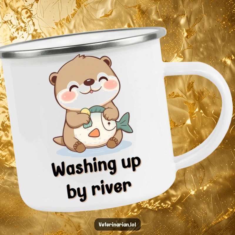Funny camping mug with a joyful otter character cleaning a toy fish with a sponge, great for outdoor humor and drinks.