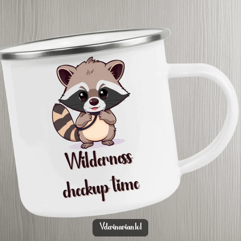 Funny raccoon camping mug, a determined raccoon polishing a stethoscope with a focused gaze, durable for outdoor use.