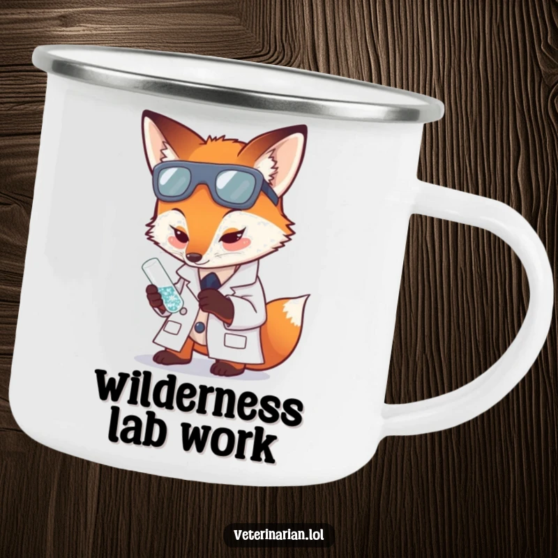 Funny camping mug featuring a fox in a lab coat carefully examining a tiny, sparkling test tube.