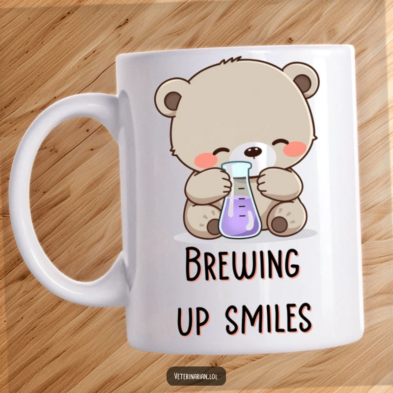 Funny mug showing a gentle bear cub carefully measuring liquid into a small beaker, highlighting scientific curiosity and adorable precision.
