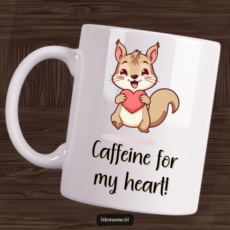 Funny mug showing an energetic squirrel enthusiastically bouncing a healthy, glowing heart icon.