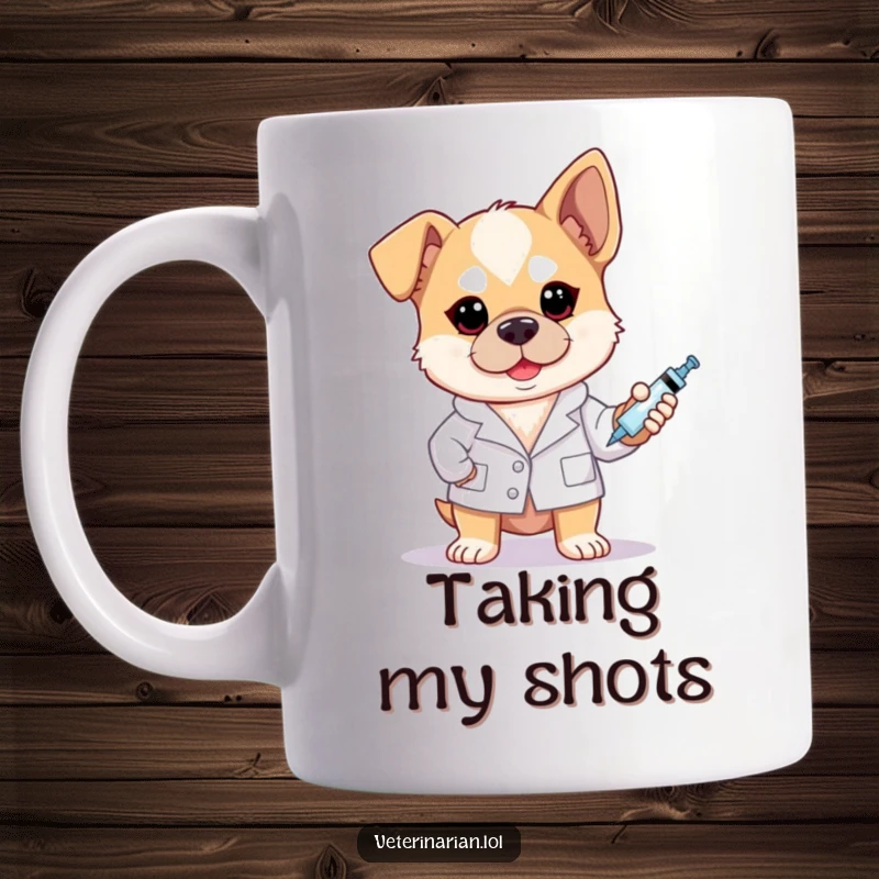 Funny brave dog vet mug showing a dog proudly wearing a white coat and holding a syringe with a determined look.
