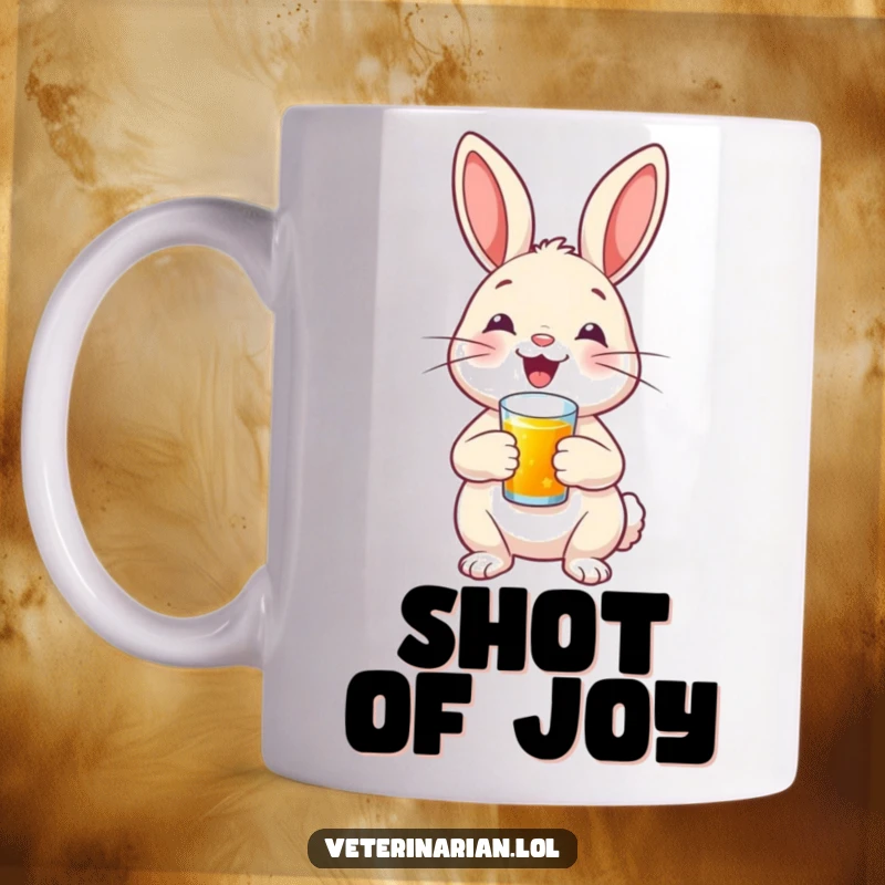 A happy bunny with a proud smile administers a tiny shot, depicted on a mug, representing care and gentle bravery.