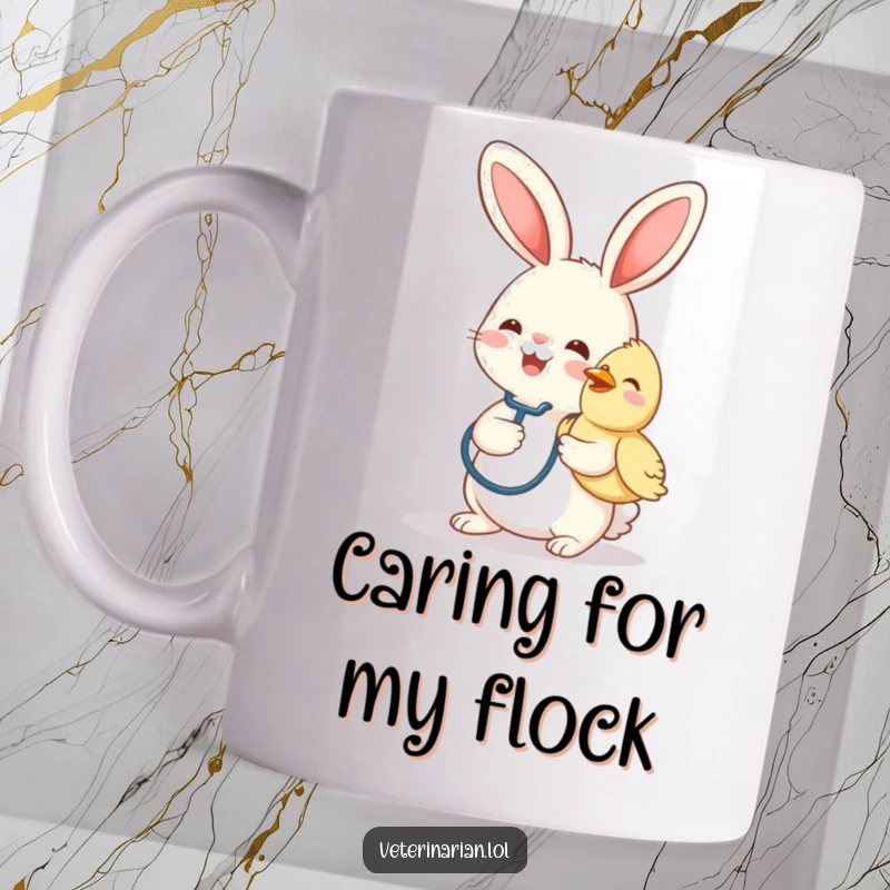 Funny mug showing a cheerful bunny wearing a stethoscope, gently petting a smiling bird patient.
