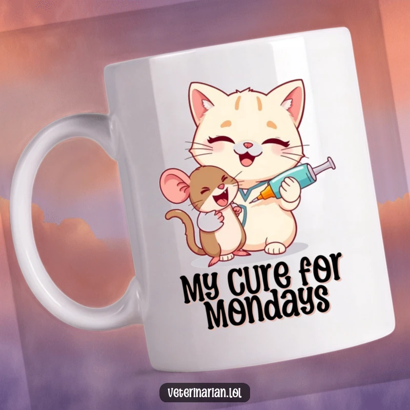 Funny cat vet mug, a giggling feline pharmacist winks while humorously offering a large syringe to a tiny, playful mouse.