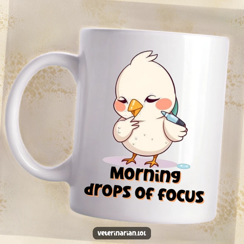Funny mug showing a small bird with focused attention, carefully administering a tiny dropper.