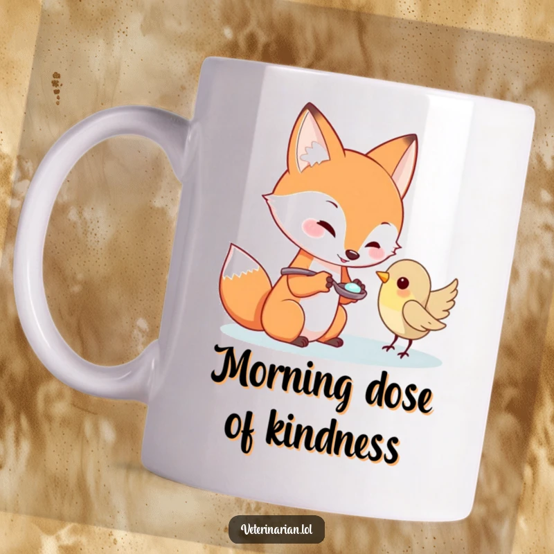 Funny playful fox offering a spoonful of medicine to a tiny bird, ceramic mug, perfect funny gift.