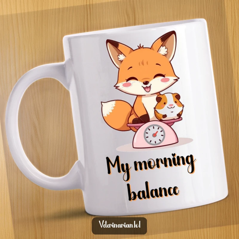 Funny mug with a grinning fox playfully weighing a guinea pig on a small scale, exuding mischief and charm.