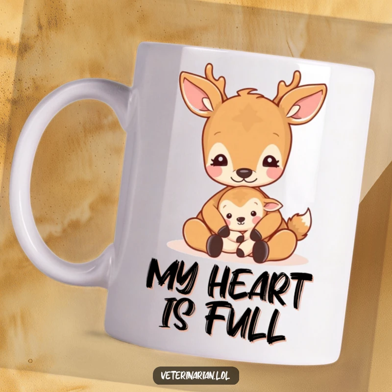Funny gentle deer mug showing a deer cradling a small animal with a soothing pat and a calm, loving expression.