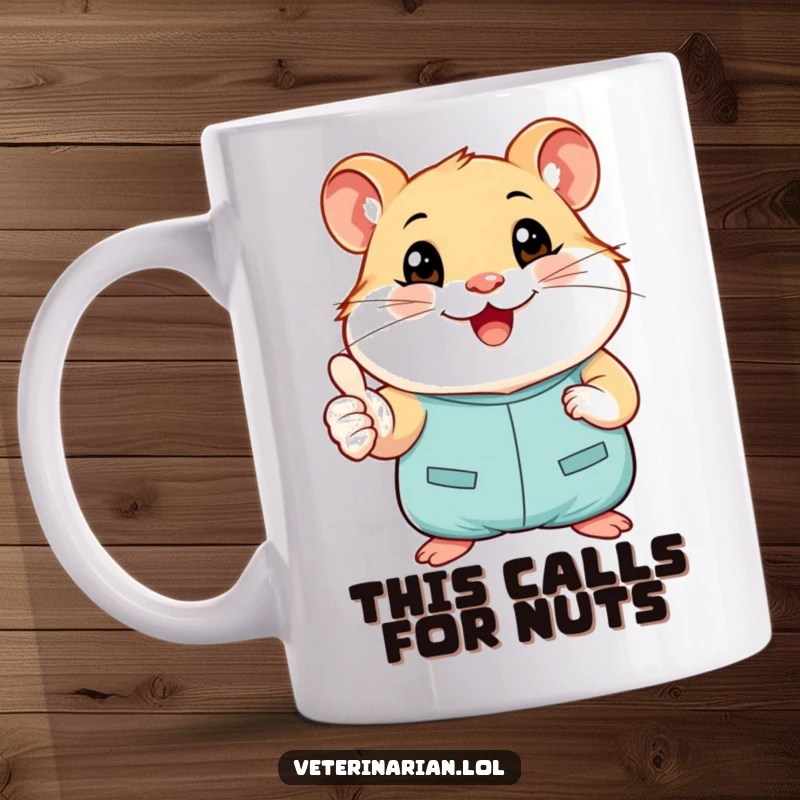 Funny mug featuring a smiling hamster in tiny scrubs giving a cheerful thumbs-up, symbolizing dedication and positive energy.