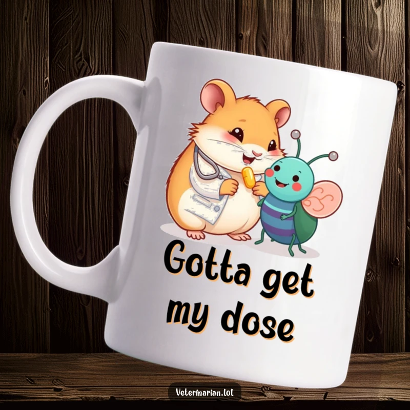 Funny mug with a happy hamster vet giving a tiny vitamin pill to a smiling toy bug, a heartwarming scene of animal care.