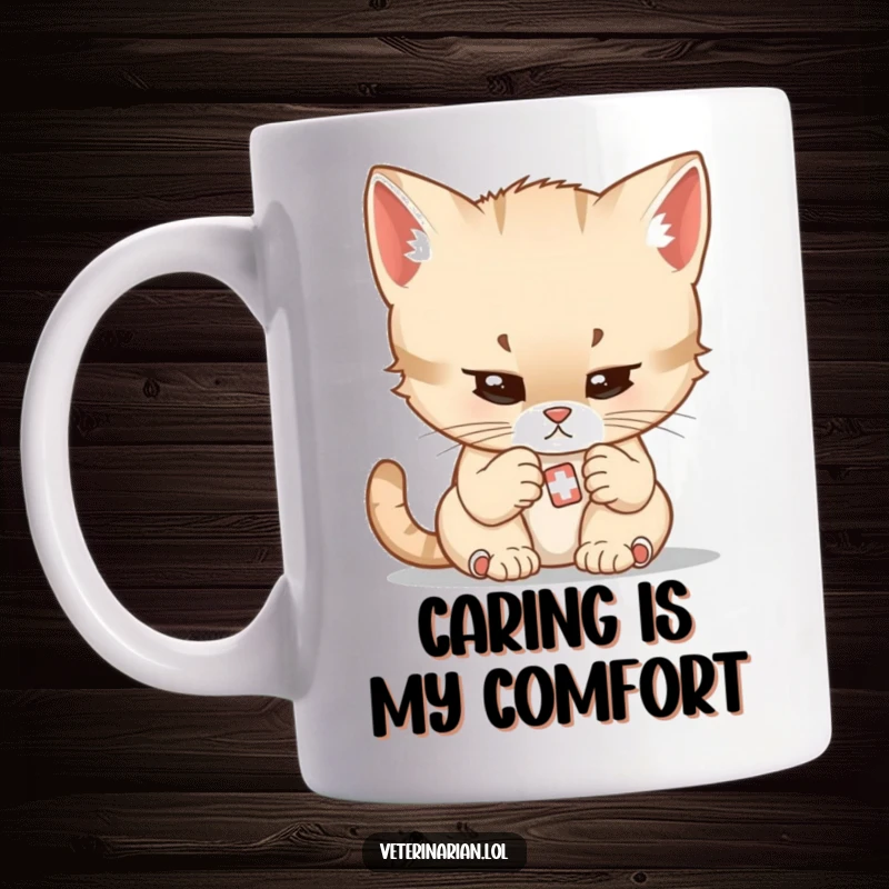 Funny mug with a focused cartoon kitten wearing a tiny stethoscope, gently examining a minuscule bandage.