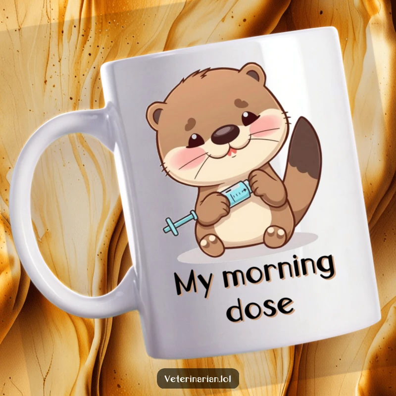 Funny otter mug showing a cute character precisely measuring liquid with a miniature syringe, highlighting accuracy humor.