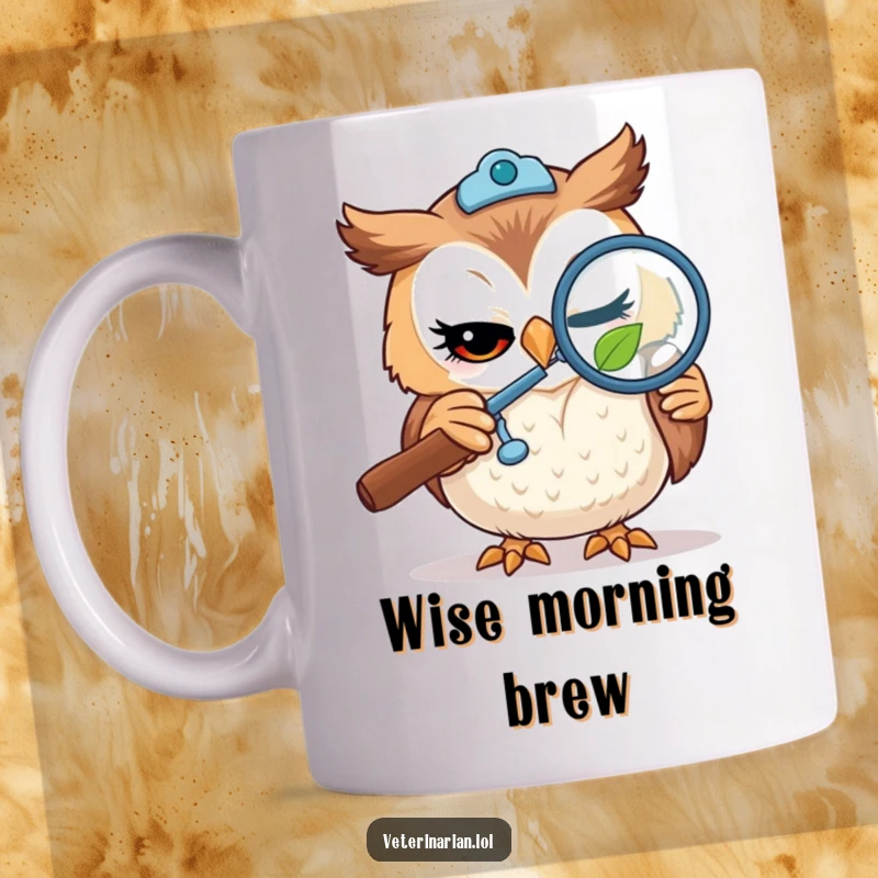Funny mug depicting a winking owl vet intently examining a tiny leaf with a magnifying glass, highlighting curiosity and focus.