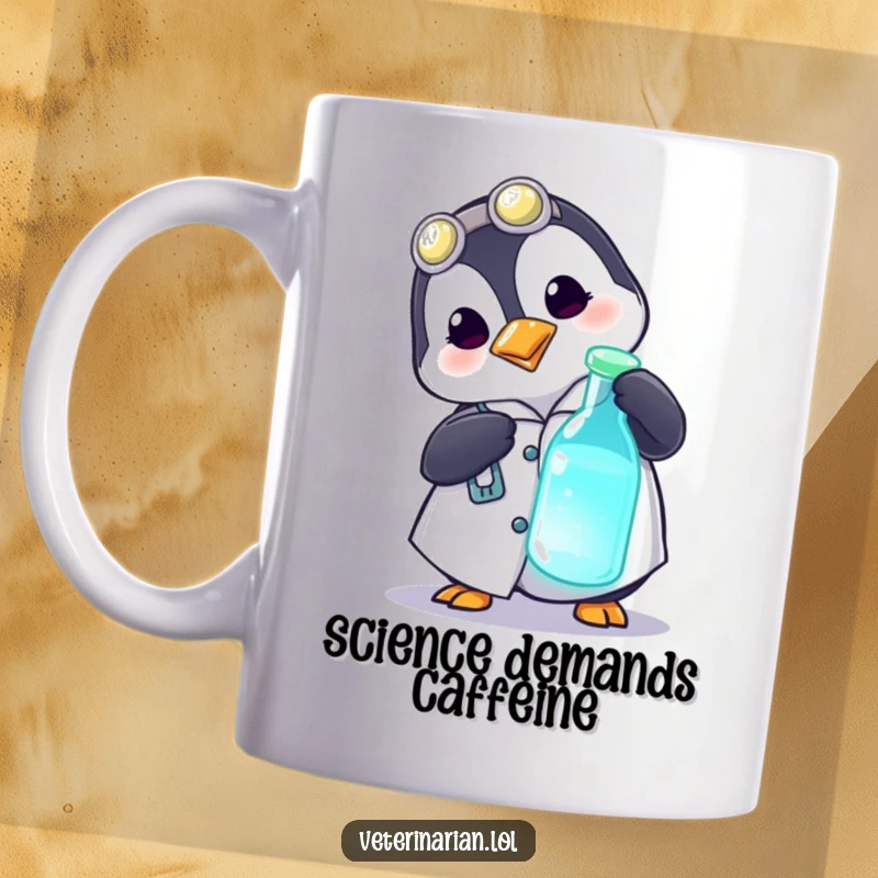 Funny mug featuring a playful penguin in a medical coat curiously poking a glowing vial, symbolizing scientific wonder and humor.