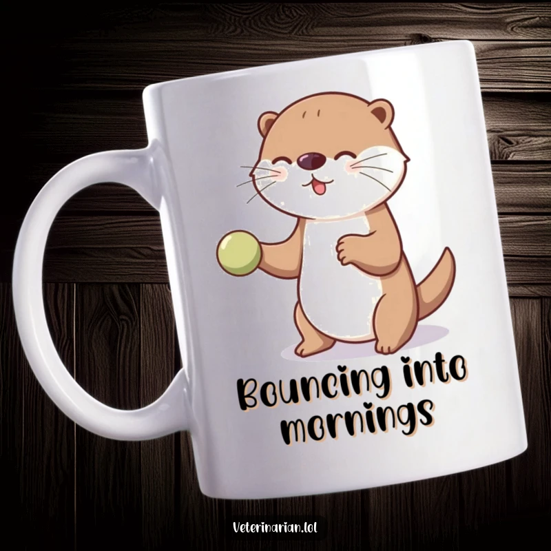 Funny playful otter mug with an otter bouncing a ball for an unseen patient, radiating cheerful therapy and joy.