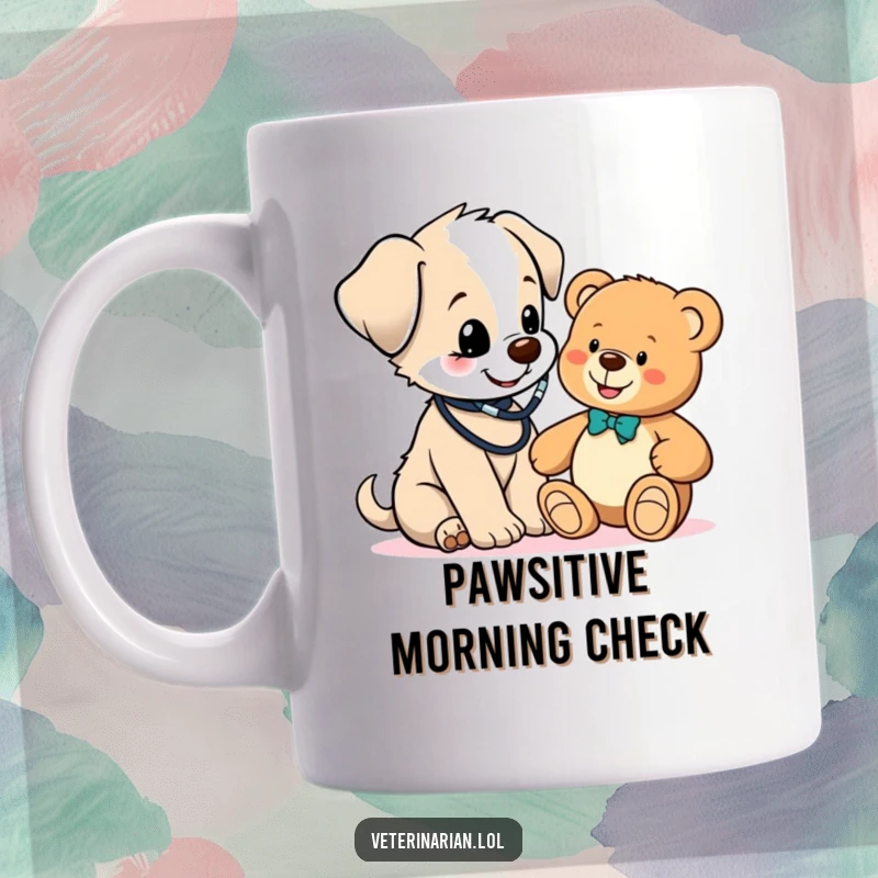 Funny cute puppy vet mug, a dog wearing a stethoscope happily examining a teddy bear, conveying sweet humor and care.