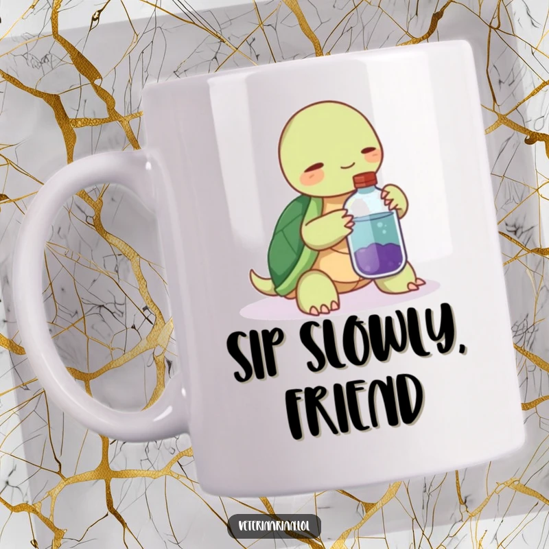 Funny mug showing a calm turtle holding a potion bottle, offering it with a gentle, encouraging nudge.