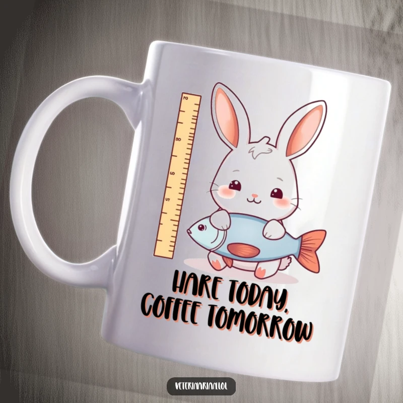 Funny rabbit fish measure mug showing a gentle rabbit carefully measuring a fish with a ruler, blending nature and funny precision.