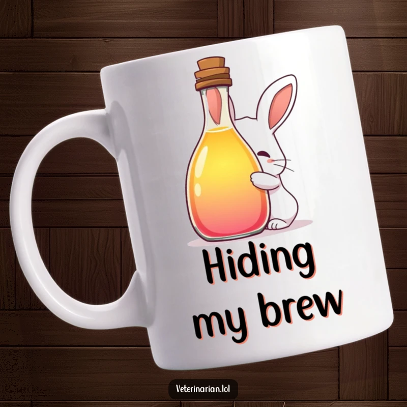 Funny mug showing a shy rabbit cautiously peeking from behind a large bottle filled with colorful liquid, evoking curiosity and gentle humor.