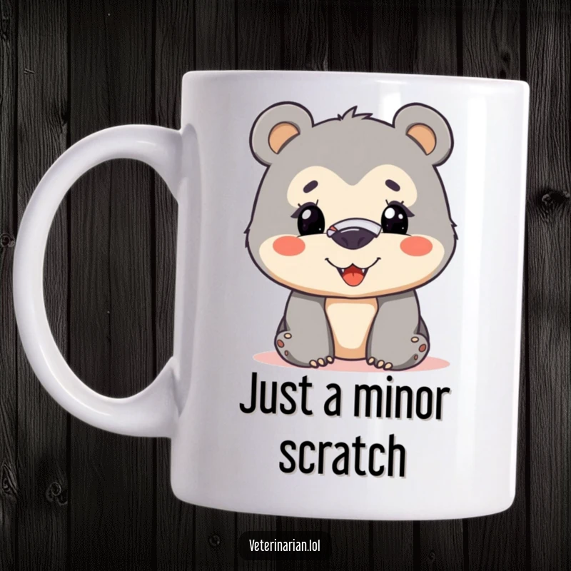 Funny bear cub mug with a bandage on its nose, smiling bravely, showcasing resilience and a cute, humorous personality.