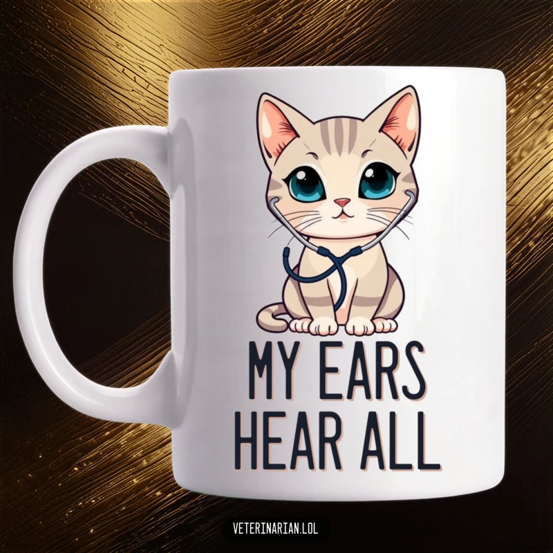 Funny mug featuring a sleek cat wearing a stethoscope, attentively listening, symbolizing great listening skills and medical charm.