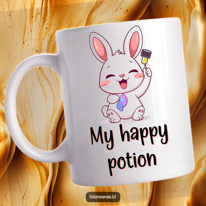 Funny mug with a delighted cartoon bunny carefully administering a colorful, sparkling liquid from a dropper.