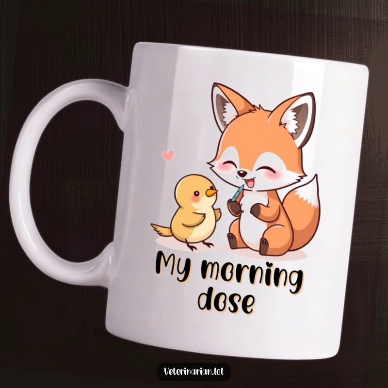 Funny Mug of a giggling fox pretending to give a small bird a shot with a needle, capturing a humorous, albeit slightly questionable, medical moment.