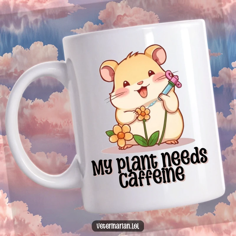 Funny cheerful hamster carefully tending a wilting flower with a tiny syringe, ceramic mug, perfect funny gift.