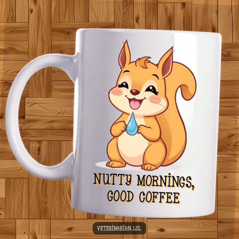Funny Squirrel Dropper Mug: A happy squirrel grinning widely while perfectly balancing a tiny dropper on its nose.