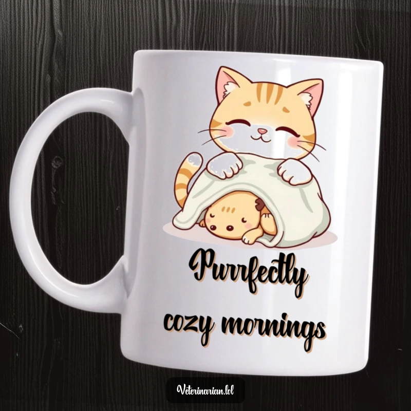 Funny smiling cat mug showing a cat placing a soft blanket on a resting creature with loving care and a gentle demeanor.