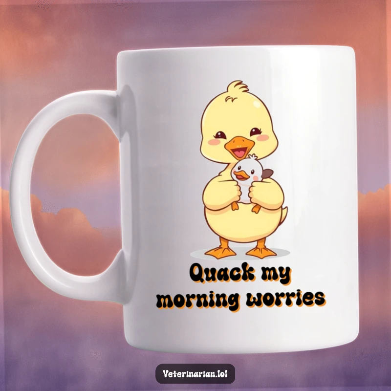 Funny Duckling Vet Mug: A cheerful duckling doctor tenderly holds a tiny patient, showing immense care and charm.