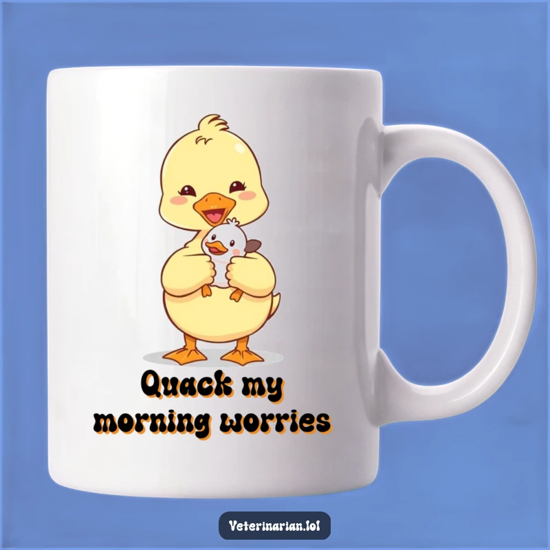 Funny Duckling Vet Mug: Adorable Doctor holding patient, perfect funny gift for animal lovers.
