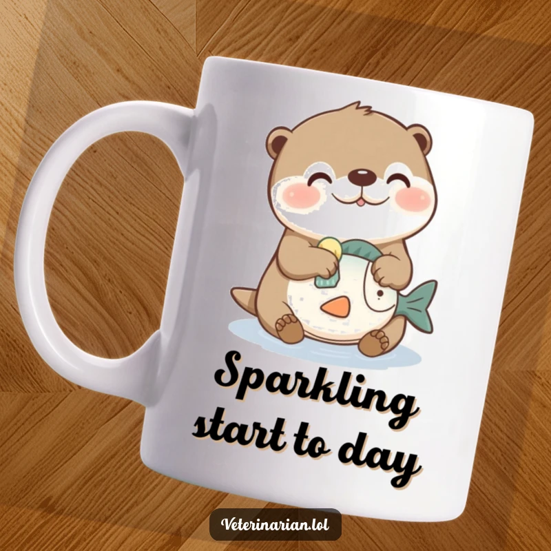 Funny mug with a joyful otter character humorously cleaning a toy fish using a tiny sponge, highlighting its playful diligence.
