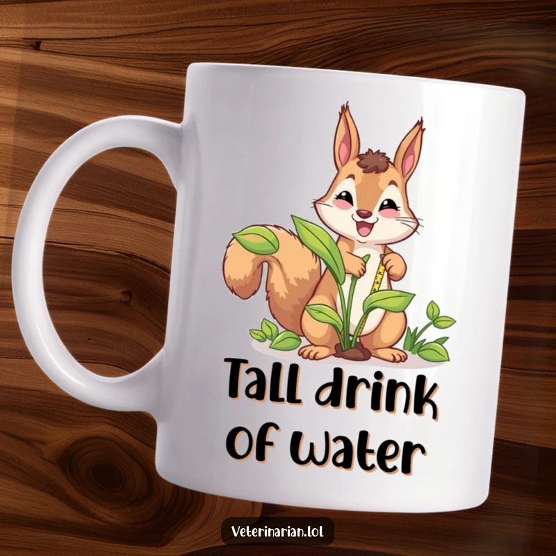 Funny energetic squirrel mug, a squirrel uses a tape measure to measure an oversized plant, conveying diligence and humor.