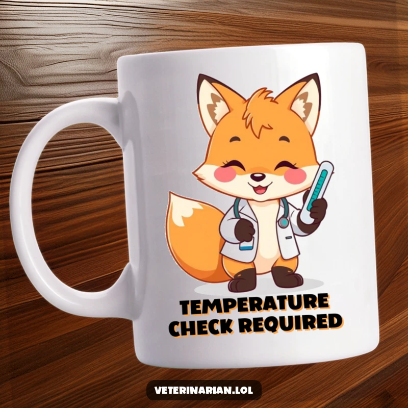 Funny fox vet mug, a playful fox wearing a vet coat smiles brightly while holding a thermometer and checking its reading.