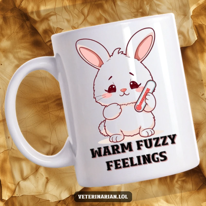 Funny fluffy bunny mug, a rabbit holds a tiny thermometer with a concerned but happy expression, conveying gentle worry and care.