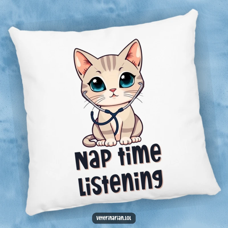 Funny decorative pillow with a sleek cat wearing a stethoscope, attentively listening, adding comfort and feline charm.