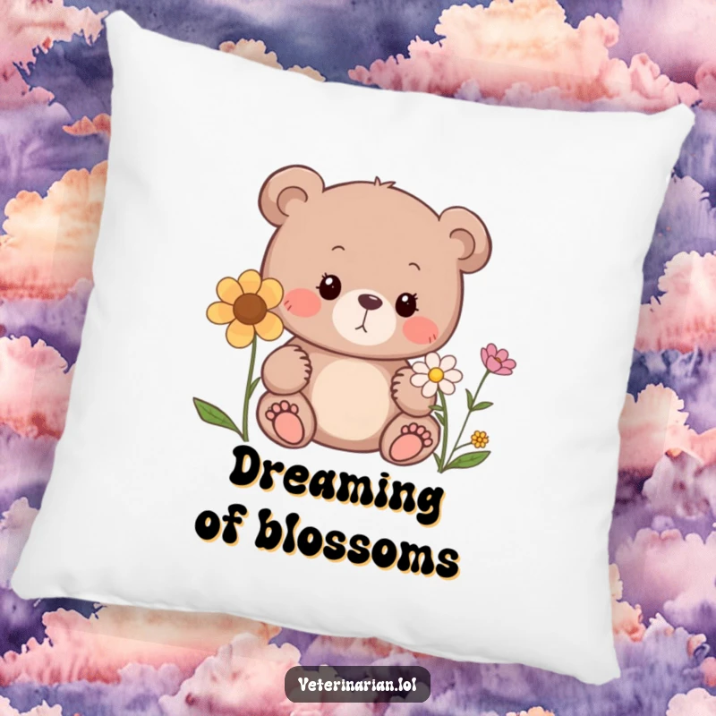 Funny bear pillow, a curious bear sniffing a flower with a gentle expression, soft and charming home accent.