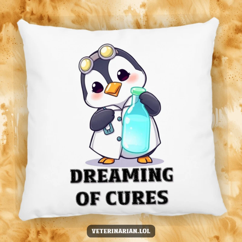 Funny decorative pillow with a playful penguin in a medical coat curiously poking a glowing vial, adding comfort and humor.