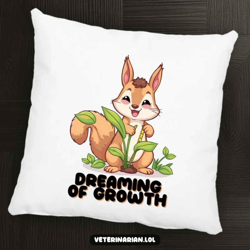 Funny energetic squirrel pillow, a squirrel measures a plant with a tape measure, soft, comforting, and humorously dedicated for any space.