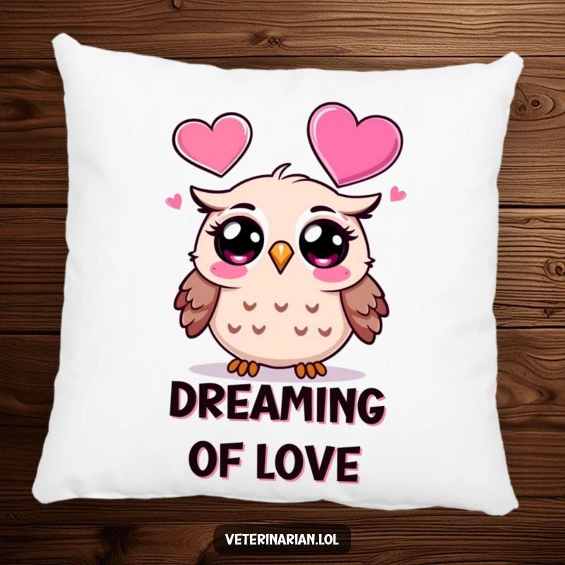Funny Owl Pillow: Soft cushion featuring a surprised cartoon owl looking with wonder at a heart icon, providing comfort and humor, a funny gift.