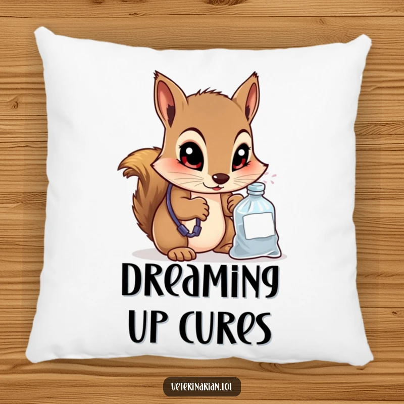Funny pillow depicting a curious squirrel vet peering into a small medicine bag with wide, knowing eyes, offering soft comfort and witty decor.