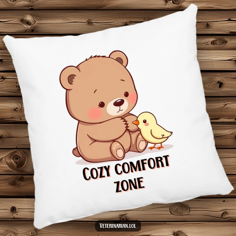 Funny pillow design with a gentle bear offering a comforting pat to a small bird, offering soft, supportive appeal.
