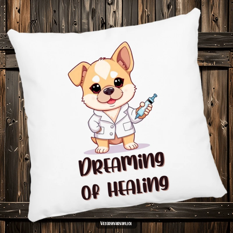 Funny brave dog vet pillow featuring a dog in a white coat holding a syringe with a determined look.