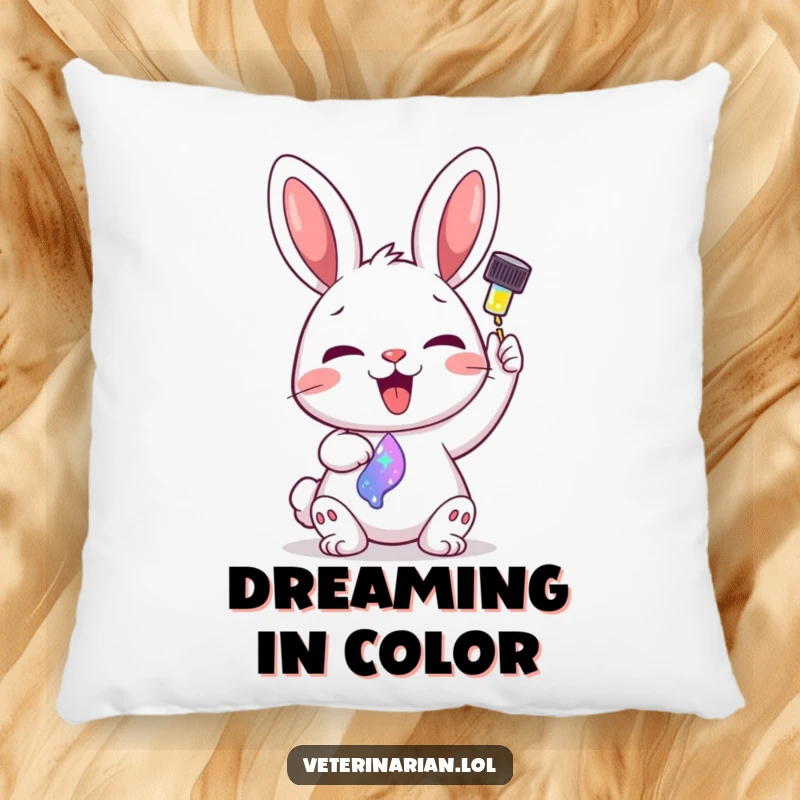 Funny decorative pillow with a delighted cartoon bunny administering a colorful, sparkling liquid from a dropper.