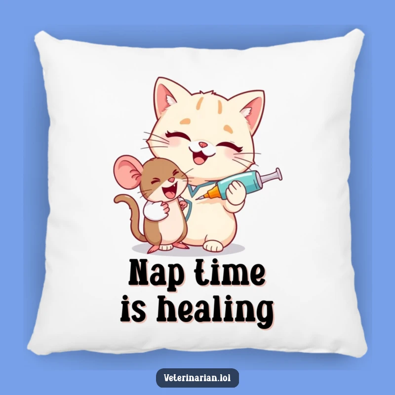 Funny Cat Vet Pillow: Giggling Nurse & Mouse Cushion, Cozy Gift Idea