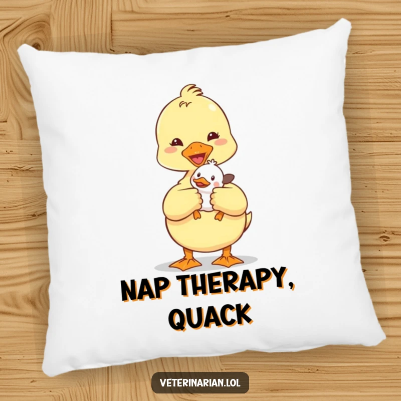 Funny Duckling Vet Pillow: A soft cushion showcasing a sweet duckling vet holding a tiny patient, bringing humor and comfort.