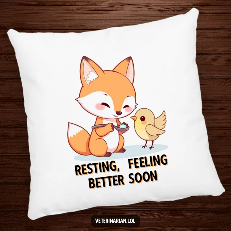 Funny fox character offering medicine to a tiny bird on a soft pillow, great funny gift.